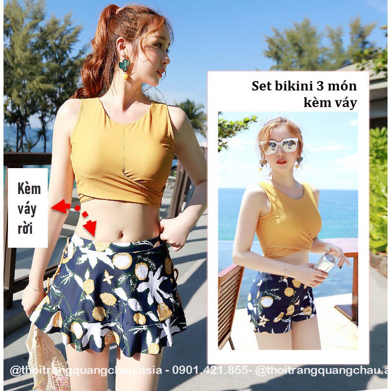(sẵn- set kèm váy) Đồ bơi 3 mảnh, Set bikini kèm quần váy #2077 Hàng Nhập
