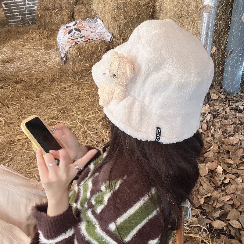 Mũ Bucket Lông Nhung Hình Gấu Dễ Thương Xinh Xắn Phong Cách Thời Trang Mùa Đông Hàn Quốc Cho Nữ