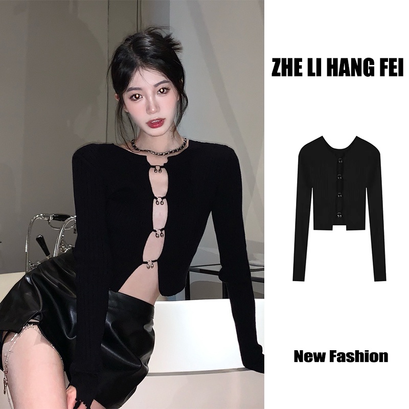 ZHELIHANGFEI Áo cardigan dệt kim màu đen thiết kế quyến rũ thời trang cho nữ