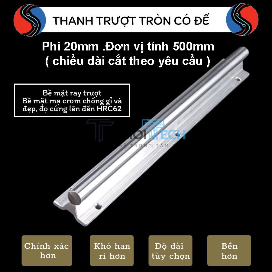 Ray Trượt tròn có đế phi 20 ( đơn vị 500mm) (cắt theo chiều dài yêu cầu)