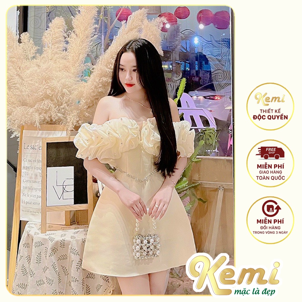 Đầm dự tiệc váy trễ vai bèo tơ xẻ ngực lưới đính đá khâu eo Kemi dáng váy xuông chữ A