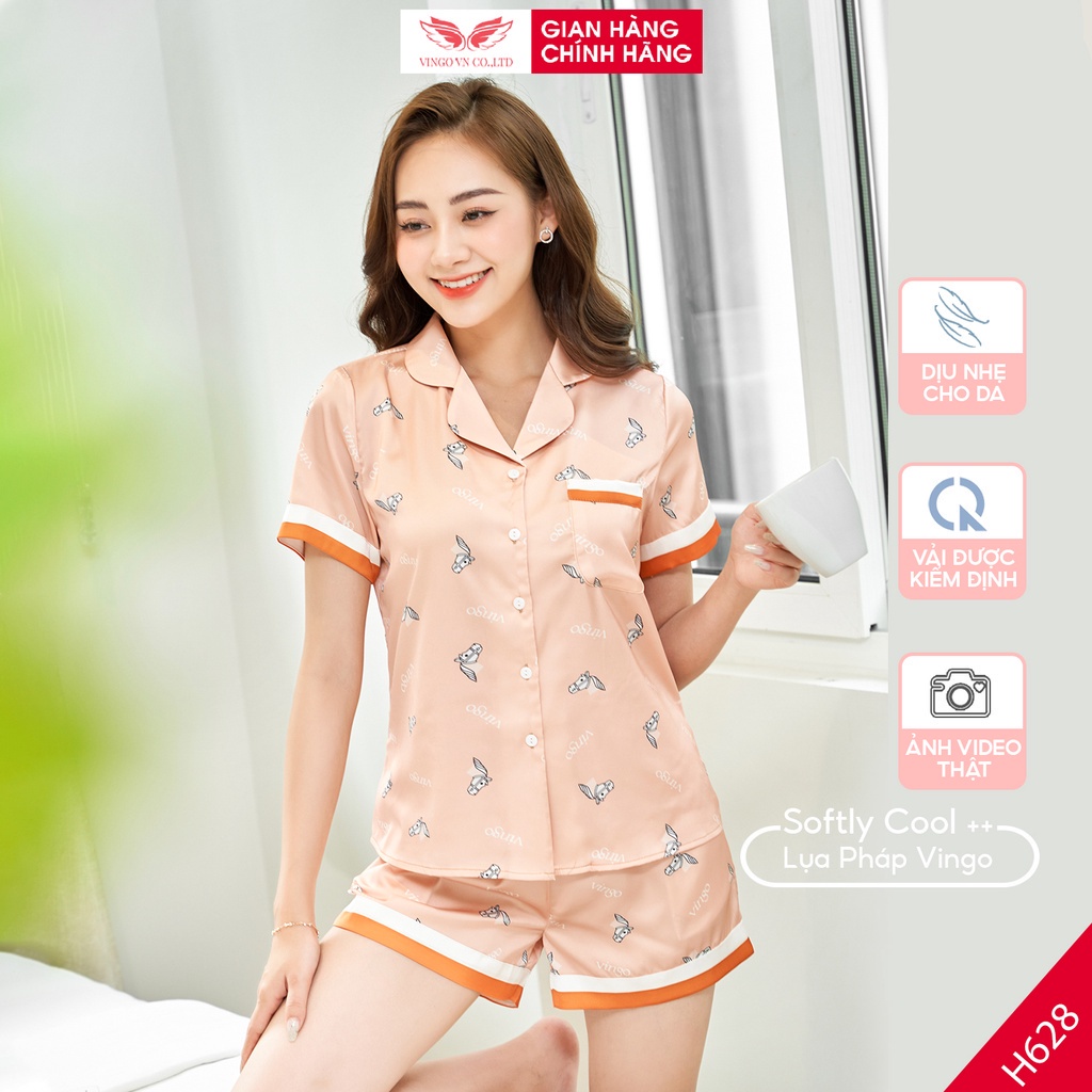 Đồ bộ nữ pijama mặc nhà lụa cao cấp mùa hè VINGO tay ngắn quần đùi màu cam nhạt hoạ tiết con ngựa dễ thương H628 VNGO