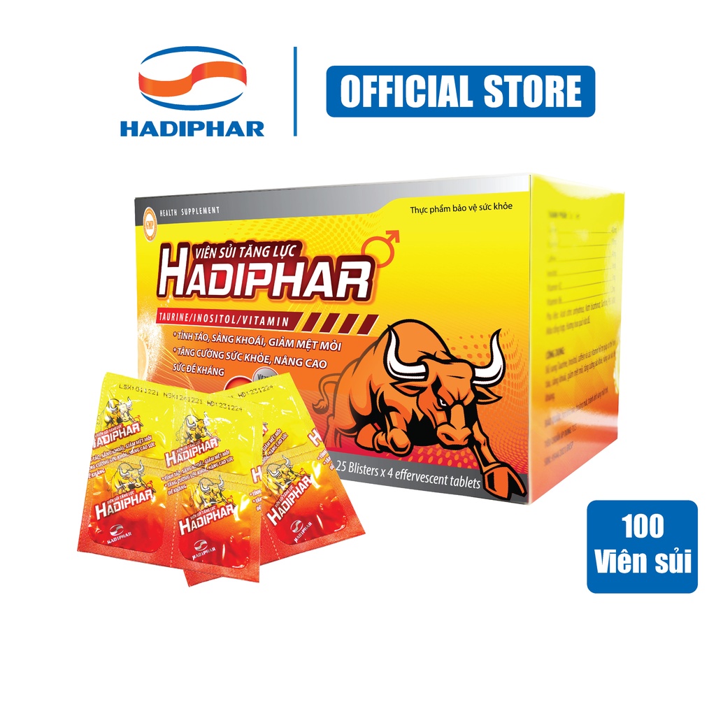 Viên sủi tăng lực vị bò húc Hadiphar bổ sung vitamin tăng cường sức đề kháng (Hộp 100 viên)