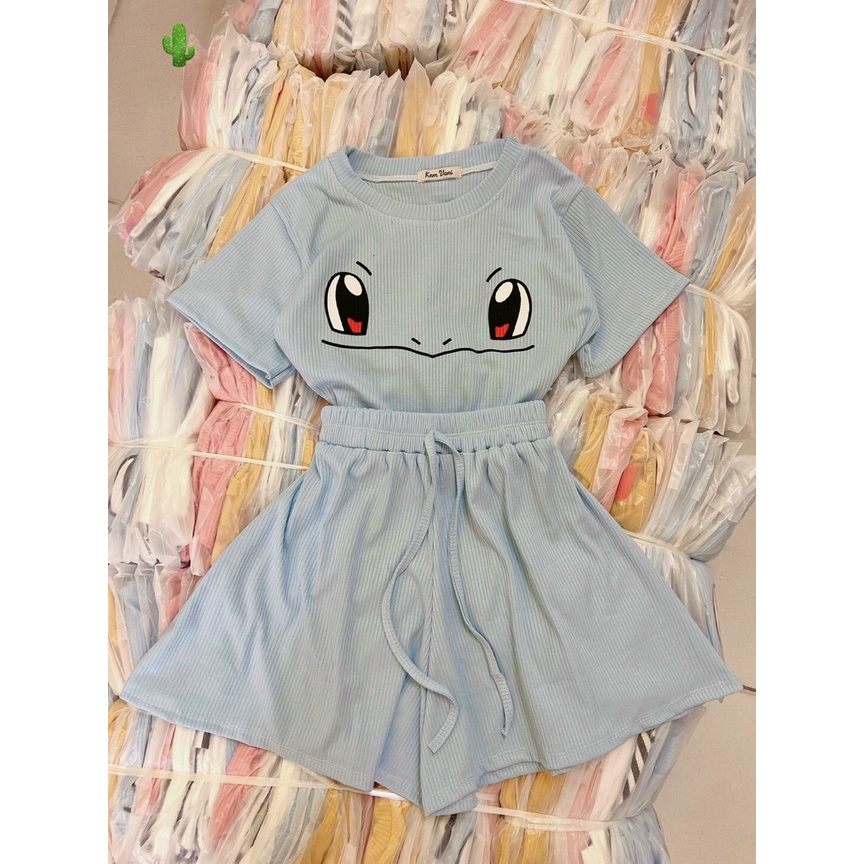 Sét Bộ Thun Gân Áo Croptop Cổ Tròn Ngắn Tay In Hình Pokemon Kết Hợp Quần Short Đai Giữa Rút Dây TTPK0545