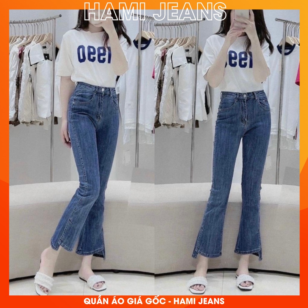 Quần jean nữ ống loe lỡ xẻ gấu quần bò loe cạp cao co giãn xẻ ống quần loe 9 tấc dài 89cm