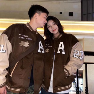 AK001 Áo khoác Bomber Varsity jacket nam nữ phối Nâu tay da Boin shop thêu Lucky 2 lớp, chất nỉ bông siêu đẹp