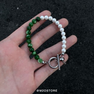 Vòng tay green pearl white chốt khóa ot,vòng tay thép titan phối hạt