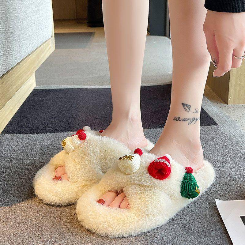 Oeteo Dép Lông Xù Quai Chéo Thời Trang Đáng Yêu Dành Cho Nữ