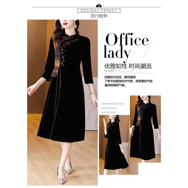 Đầm Nhung Cao Cấp Phong Cách Thời Trang Thu Đông Mới Dành Cho Phụ Nữ Trung Niên