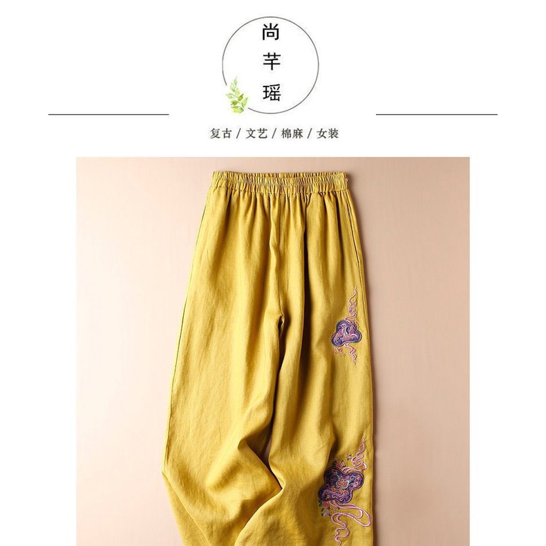 Quần Cotton Lanh Ống Rộng Lưng Cao Thêu Họa Tiết Phong Cách Mới Mùa Hè Cho Nữ