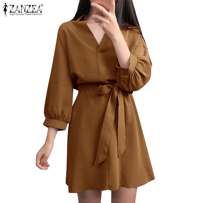 Đầm ZANZEA ngắn cổ chữ V có dây thắt lưng thời trang cho nữ zanzea