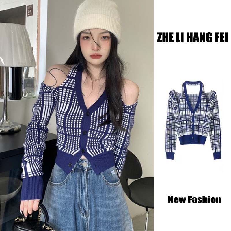 Áo cardigan ZHELIHANGFEI vải dệt kim cổ chữ V trễ vai quyến rũ thời trang