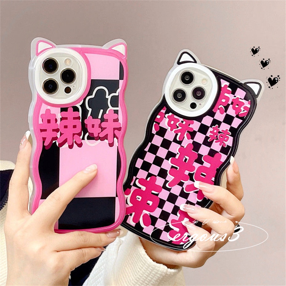 Cat EarỐp Điện Thoại Tpu Dẻo Họa Tiết Kẻ Ô Vuông Đen Hồng Cho IPhone 14 13 12 11 Pro Max SE2020 X XR Xs Max 7 8 6 6s Plus
