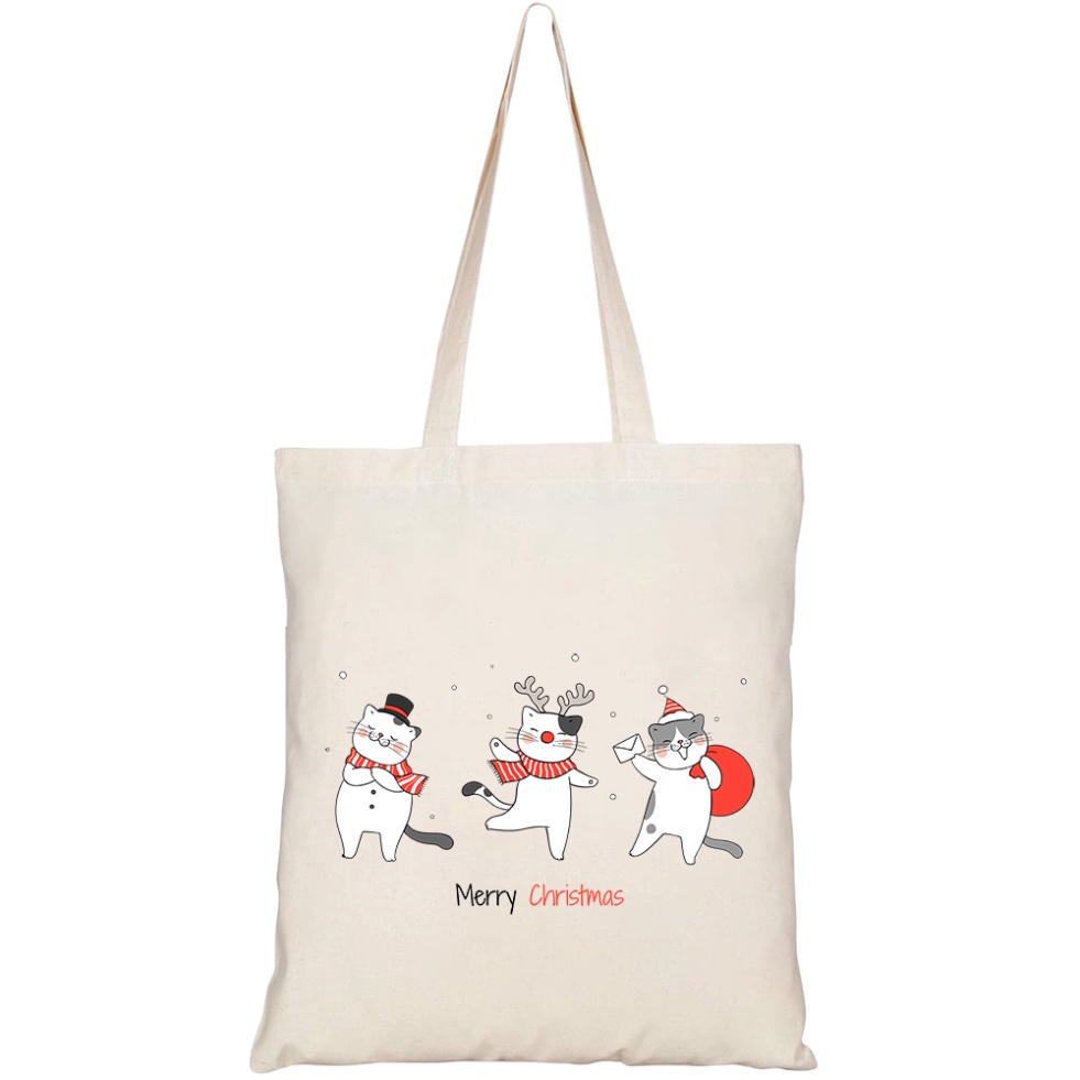 Túi Tote GINKO Vải Canvas có dây kéo khóa (có túi con) in hình cat funny christmas day new year HT84