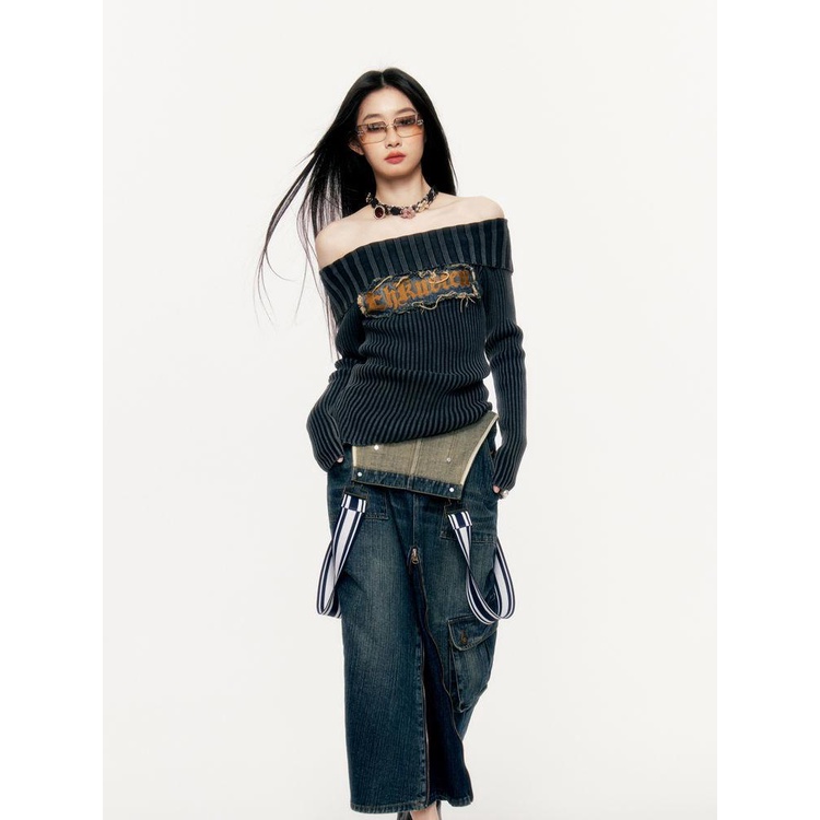 Áo sweater trễ vai form ôm phong cách retro quyến rũ cho nữ