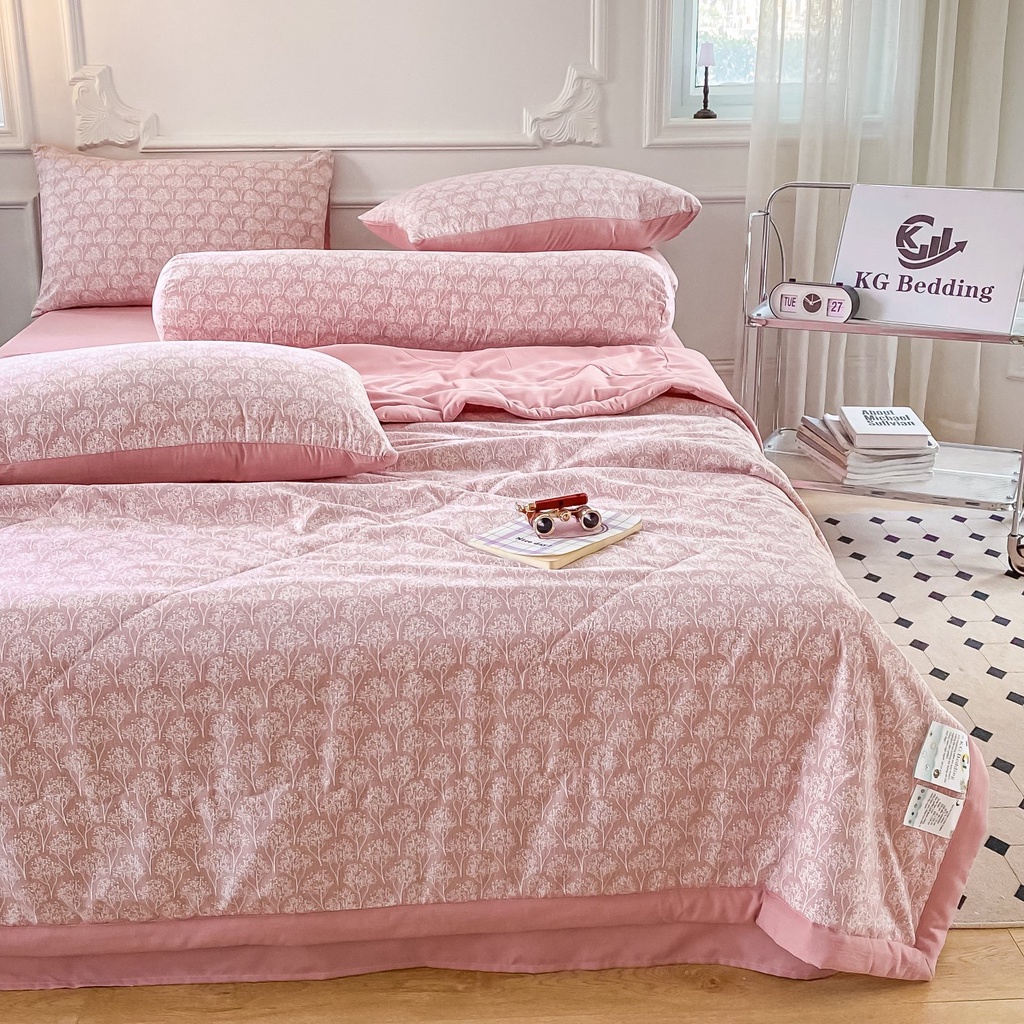 Bộ ga gối đũi họa tiết hoa lá, set 4 món chăn trần hè ga và 2 vỏ gối mềm mịn không phai mầu đủ size