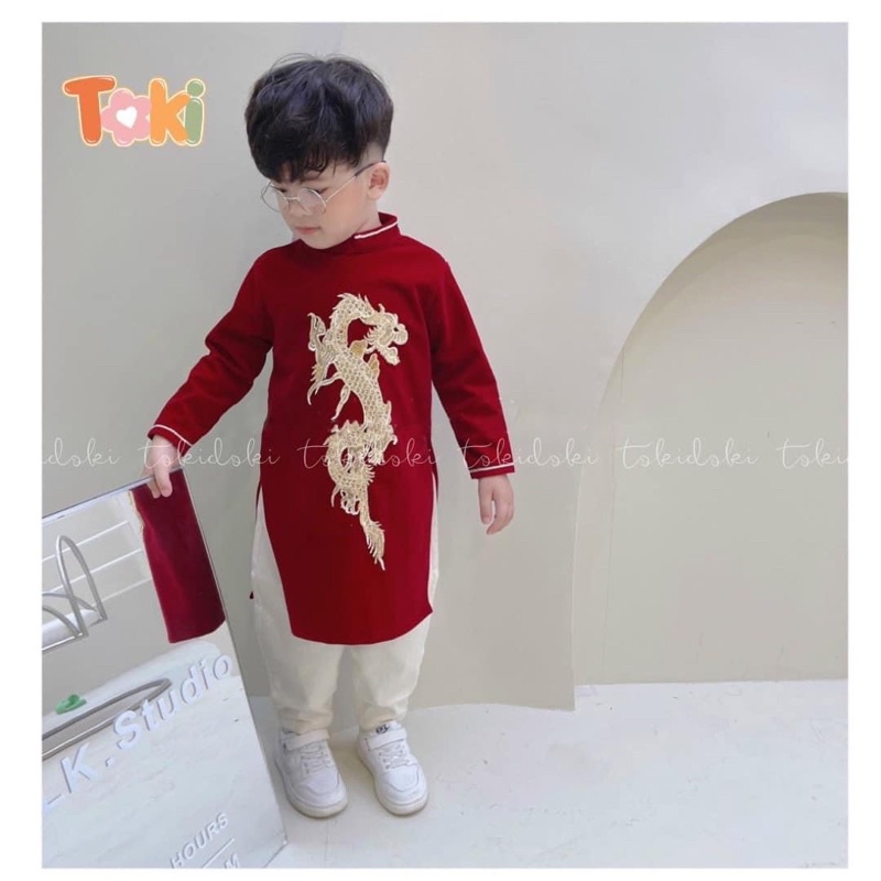 Áo dài nhung thêu rồng viền tay và cổ hàng đẹp cho bé trai
