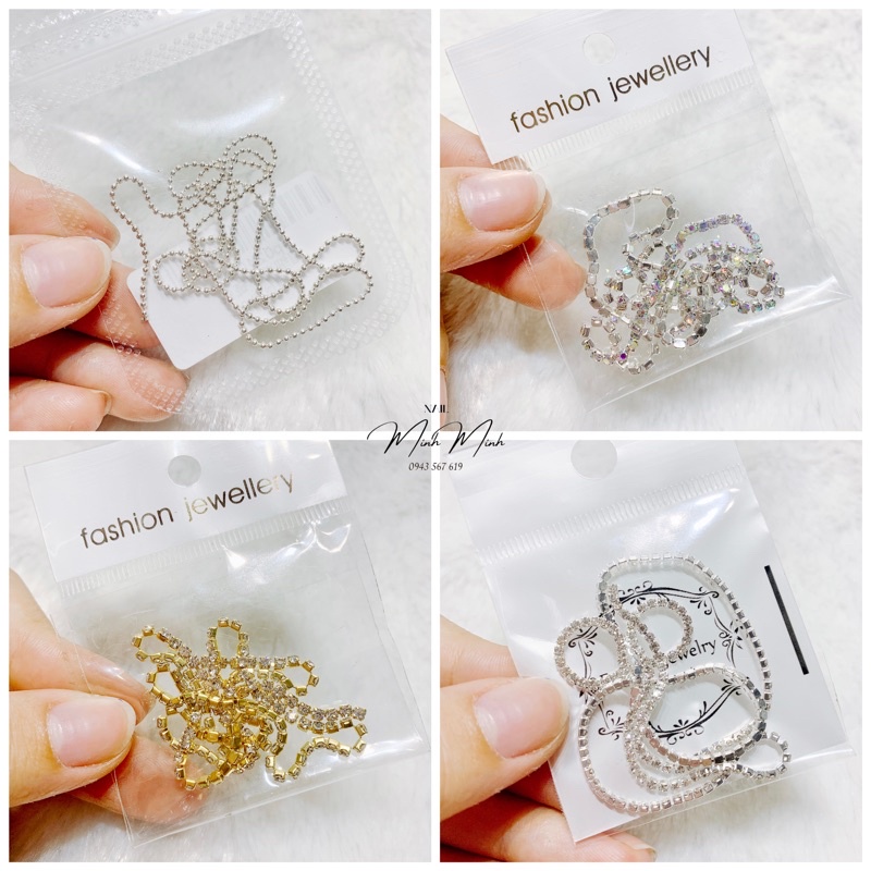 Dây xích bi tròn, dây đá trang trí móng màu vàng bạc ánh ab