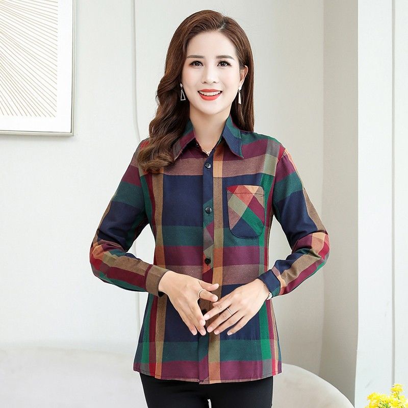 Áo Khoác Sơ Mi Mỏng Dáng Rộng Họa Tiết Kẻ Sọc Thời Trang Xuân Thu 50 Tuổi Cho Nữ Trung Niên