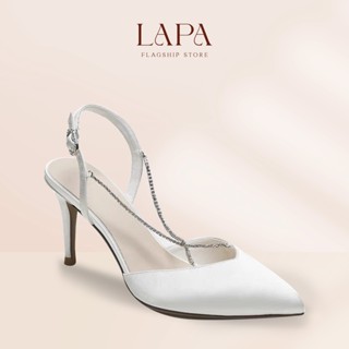  Giày cao gót guốc nữ 10 phân LAPA  mũi nhọn dáng Slingback khuyết eo giày cưới màu trắng - LP024 