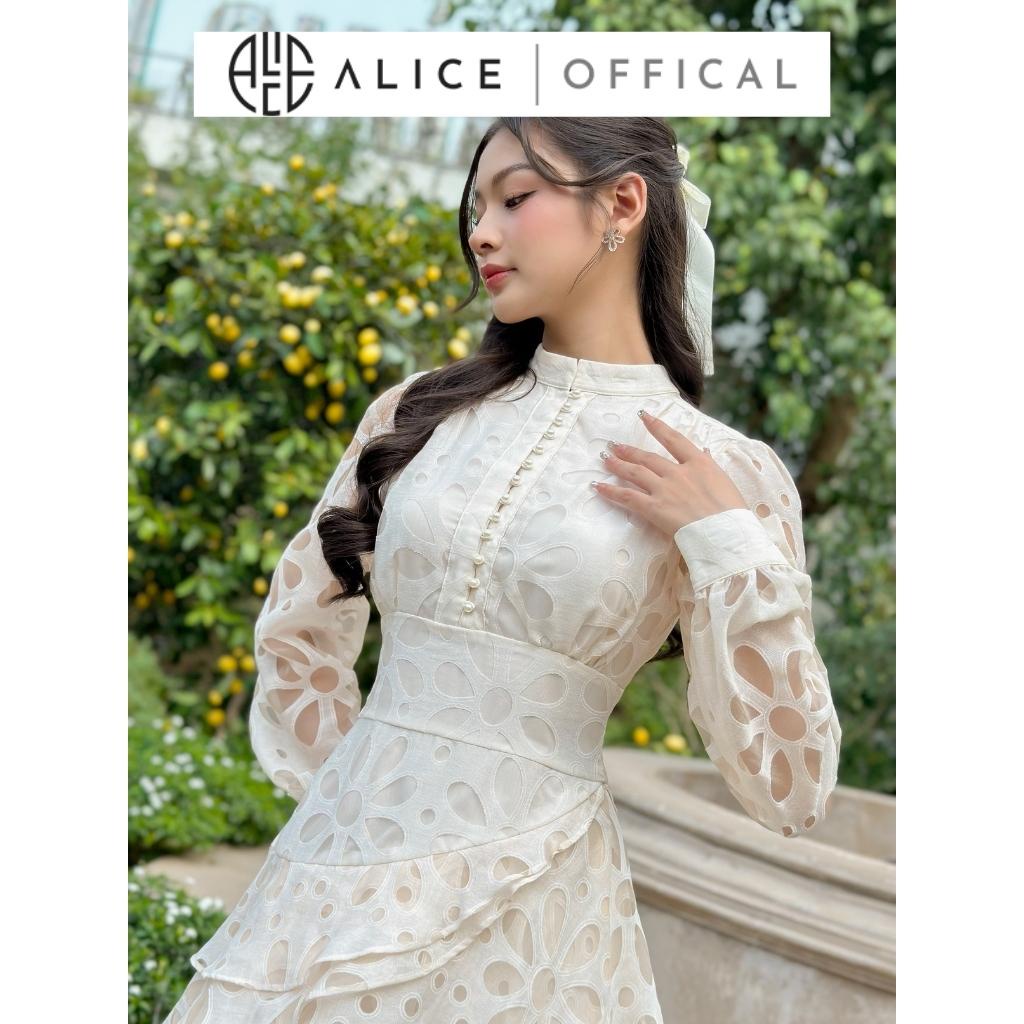 Váy Tiểu Thư Tơ Organza Cao Cấp ALICE Họa Tiết Hoa Thiết Kế Cổ Tàu Dài Tay Dáng Xòe Chiết Eo Nhiều Tầng V882