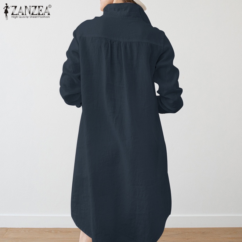 Đầm mini ZANZEA thiết kế dài tay cổ bẻ màu trơn thời trang nữ tính