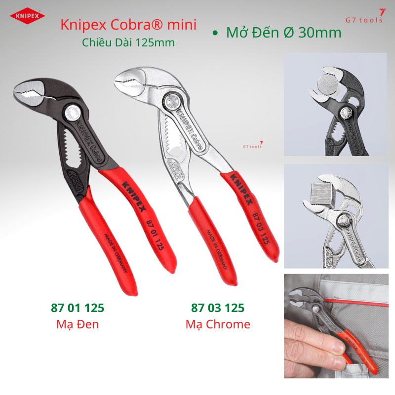 Kìm Nước Mỏ Quạ Knipex Cobra® mini Dài 125mm Ngàm Mở Đến Ø 30mm 87 01 125 / 87 03 125 Bản Mạ Chrome và 150mm 87 01 150