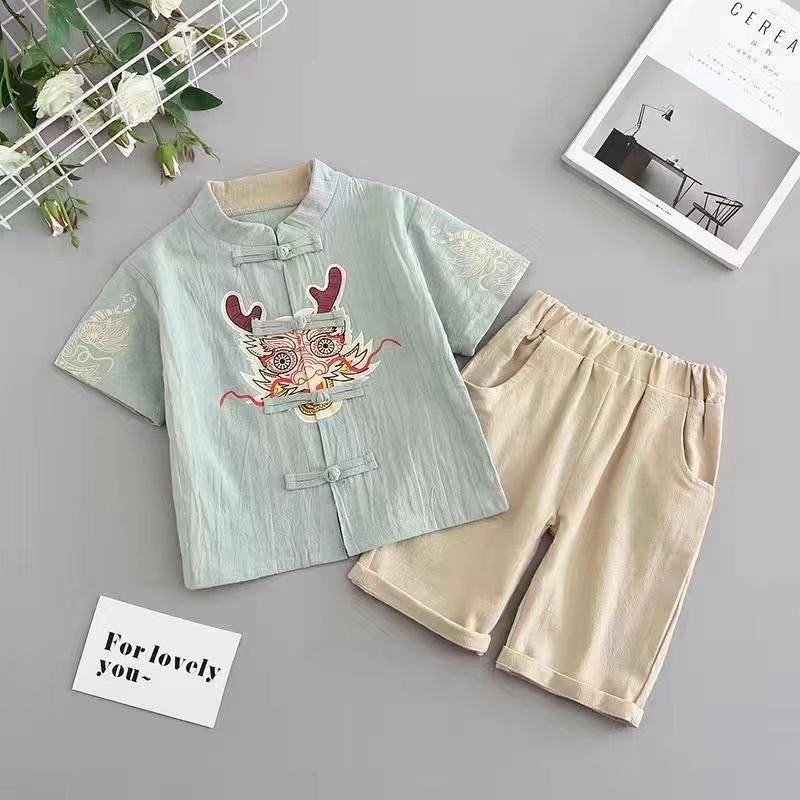 Bộ Đồ Ngắn Tay Thoáng Khí Họa Tiết Rồng Phong Cách Trung Hoa Cổ Điển Dành Cho Bé