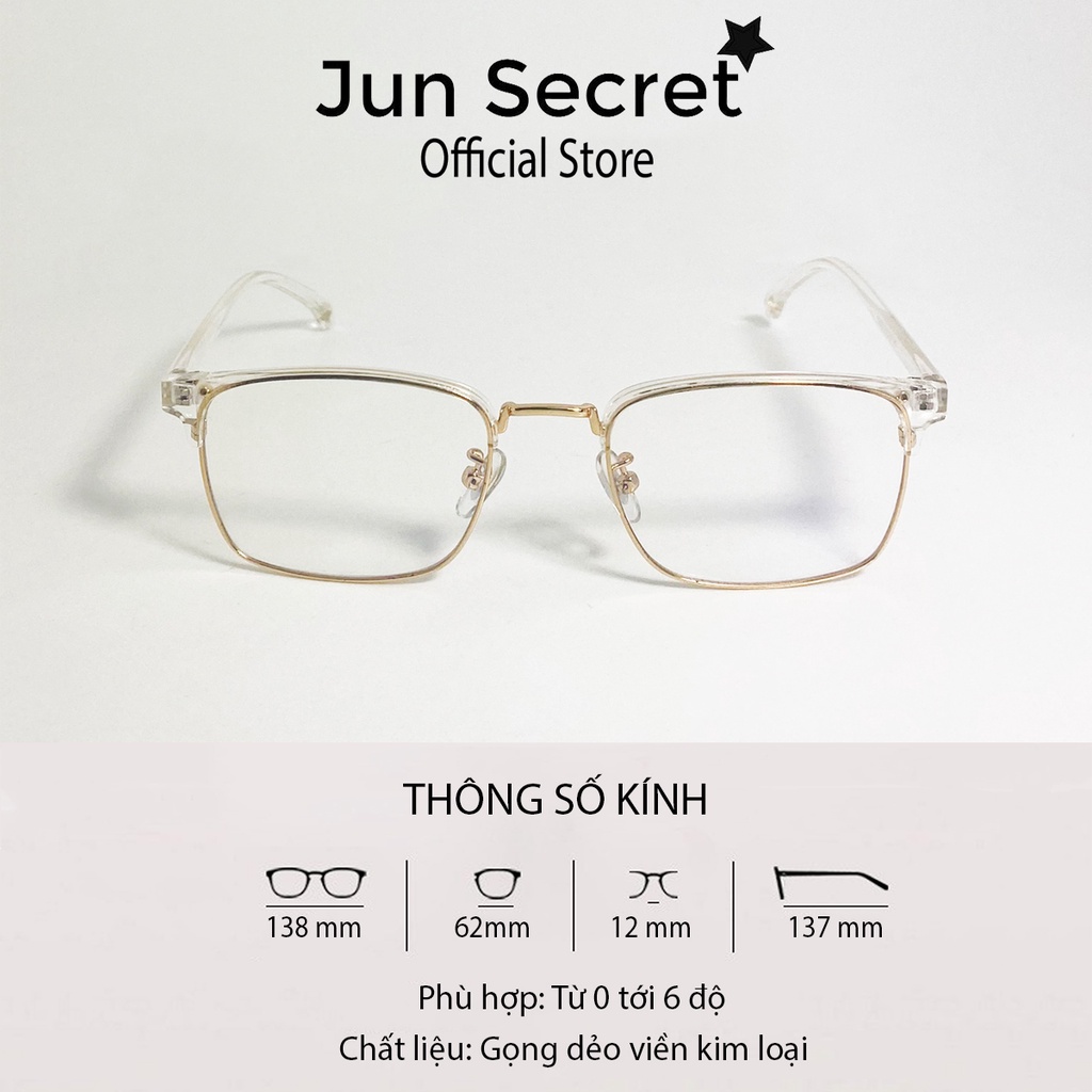 Kính giả cận nam nữ Jun Secret gọng nhựa dẻo xịn, tròng vuông 0 độ chống bụi, chống tia UV JS90A25
