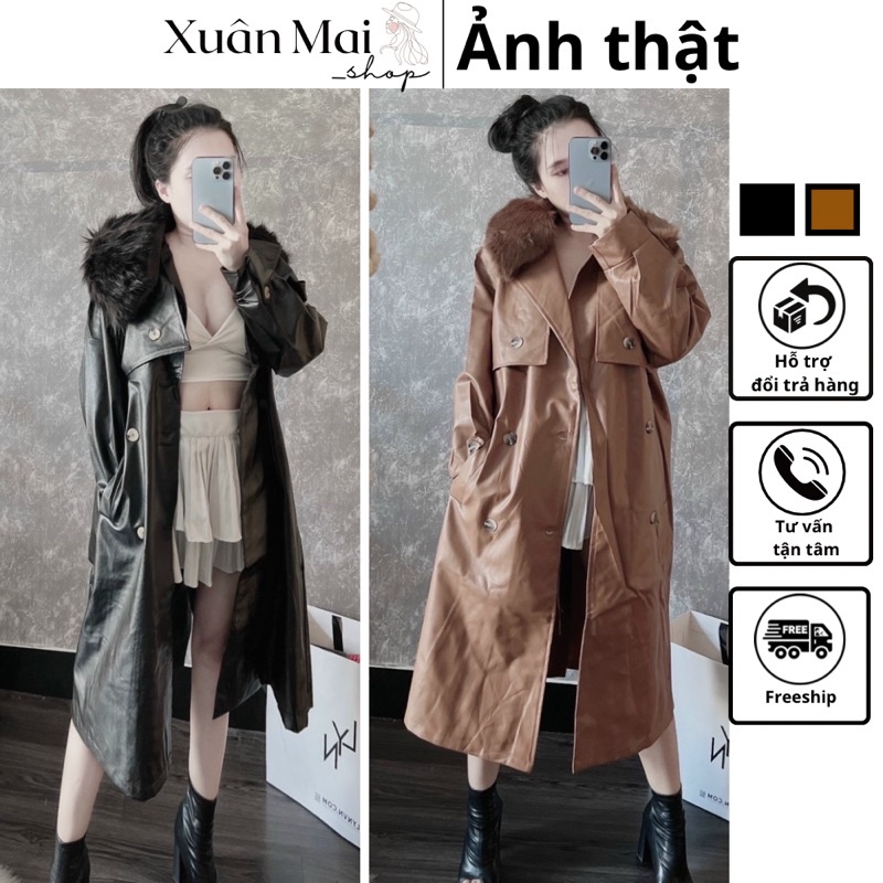 [FREESHIP]Áo khoác da mangto phối lông tháo rời được cao cấp tay dài sáu nút có đai tay đai eo hàng QCCC hình thật