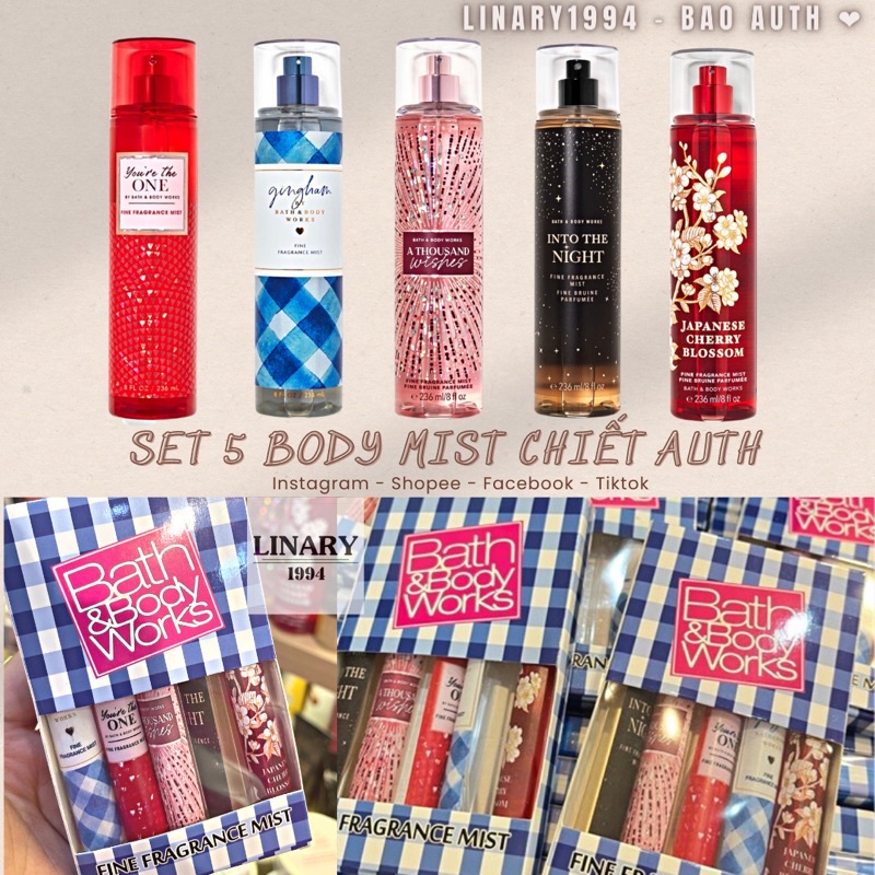 Set 5 mùi Hot Best Seller Body Mist Bath & Body Works 5x10ml Chai Thuỷ Tinh (SET A)