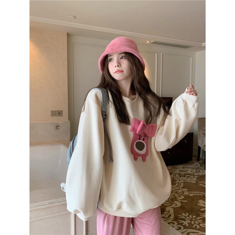 Porozi Áo sweater  tay dài cổ tròn đính nơ phong cách Hàn Quốc xinh xắn cho nữ