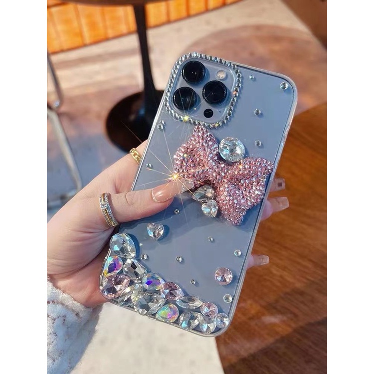 Ốp Điện Thoại Màu Đỏ Đính Đá Hình Nơ Cho iPhone 14  Pro max 13 12 11 XR XS Max 7 8 Plus