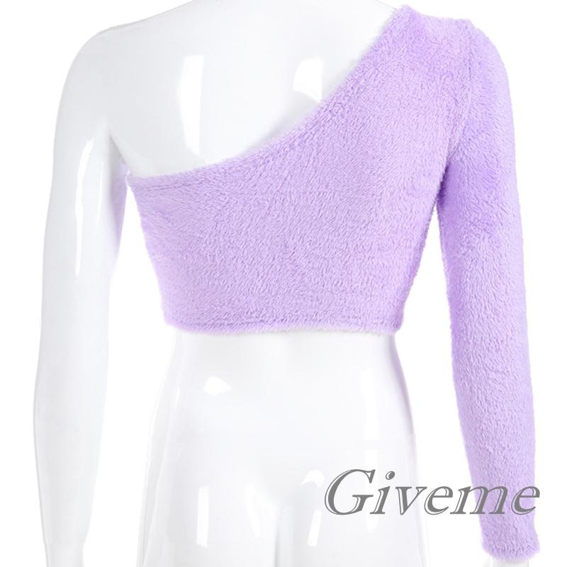 Áo Thun Crop Top Tay Dài Màu Trơn Lệch Vai Thời Trang Mùa Thu Cho Nữ