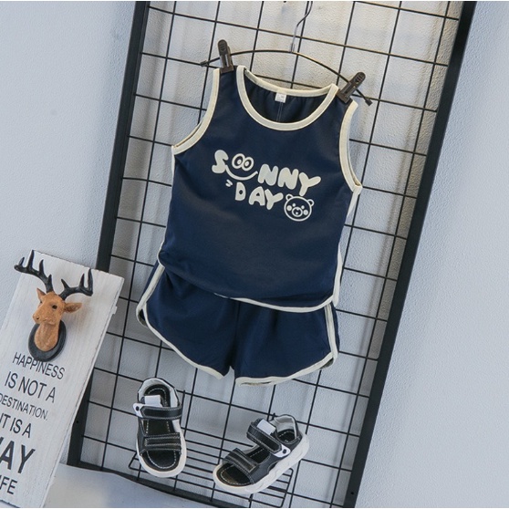 Quần áo bé trai, đồ bộ hè ba lỗ sát nách cộc cho bé in chữ sunny day cực xinh chất cotton co giãn thoáng mát - BE KOREA