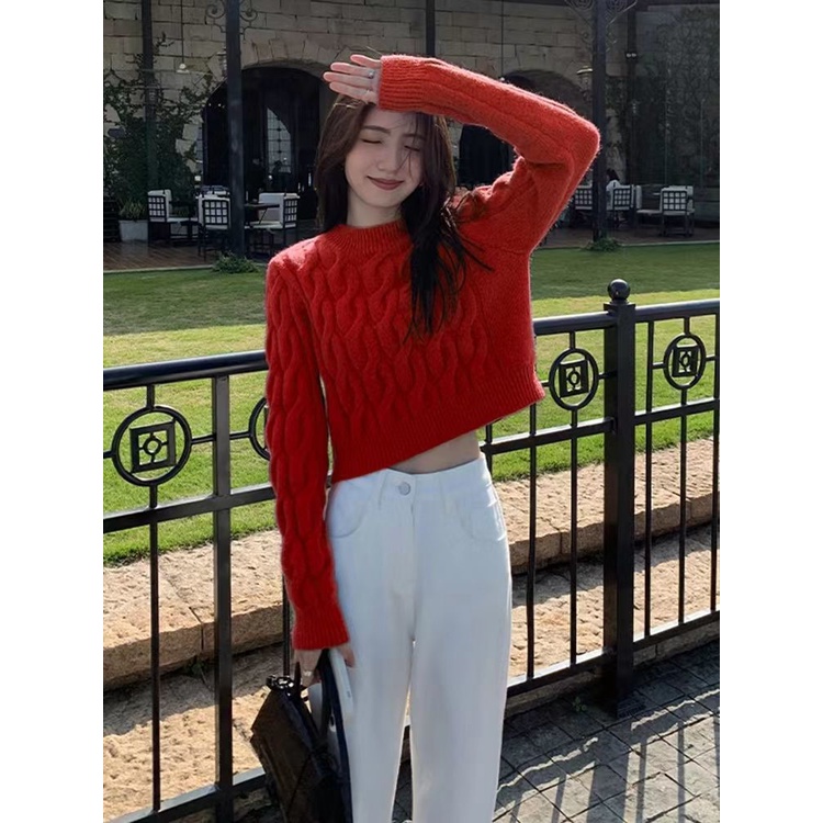 Áo Sweater Dệt Kim Dáng Ngắn Màu Xanh Dương Thời Trang Thu Đông Mới Cho Nữ