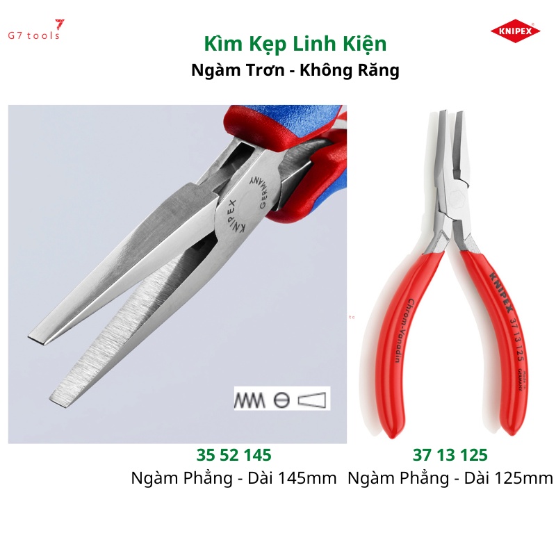 Kìm Kẹp Linh Kiện Ngàm Trơn Knipex 35 52 145 Dài 145mm &amp; Kìm Uốn 37 13 125 Dài 125mm Mạ Chrome_G7tools Hà Nội_