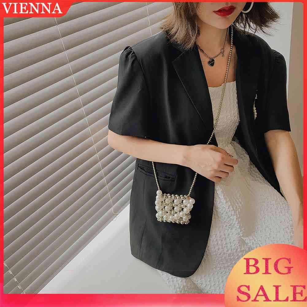 Túi Xách Đeo Chéo Đính Hạt Ngọc Trai Hình Vuông Mini Cho Nữ