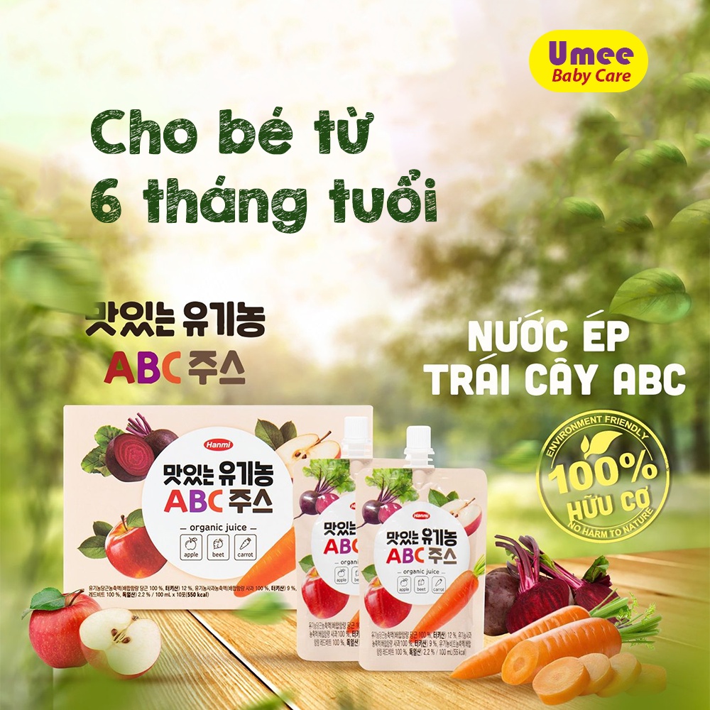 Combo 10 túi nước trái cây Hanmi Organic ABC 100ml cho bé từ 6 tháng
