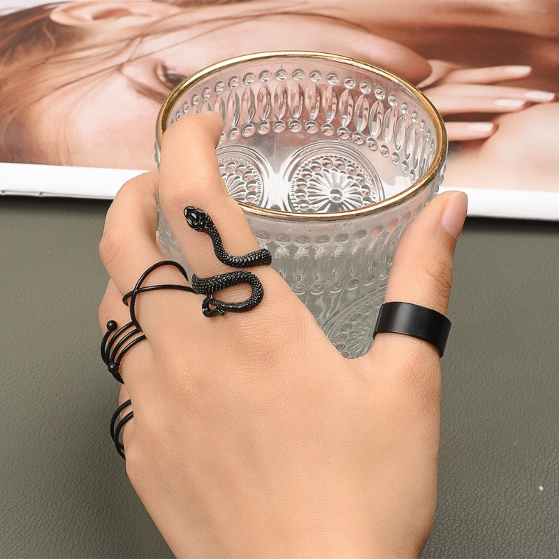 Bộ Nhẫn Hình Rắn / Hình Học Kiểu Punk Màu Đen Có Thể Điều Chỉnh