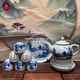 Bộ ấm trà Đạp Tuyết Tầm Mai men lam cung đình Huế Gốm Sứ Bát Tràng