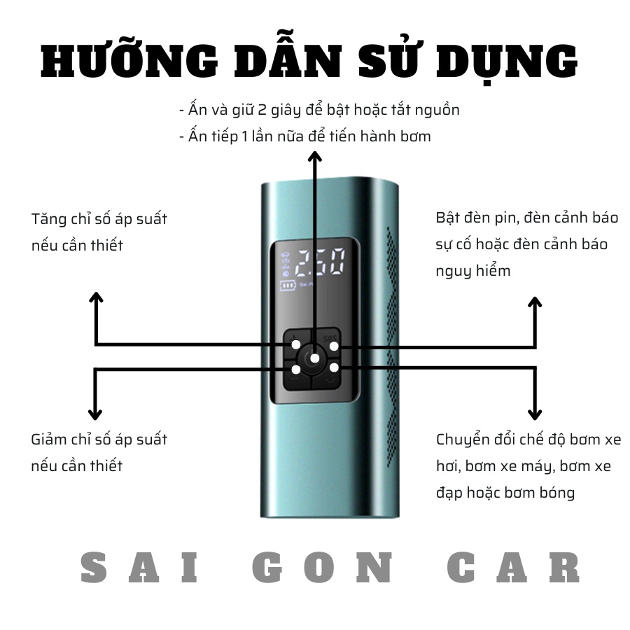 Bơm lốp ô tô không dây, loại bơm mini đa năng 5 trong 1 có đồng hồ đo áp suất lốp, bơm sẽ tự động ngắt khi đủ hơi