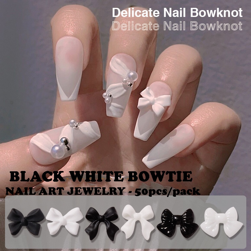 Túi 50 chiếc nơ đen trắng trang trí móng, charm nơ nhựa cơ bản, phụ kiện nail salon