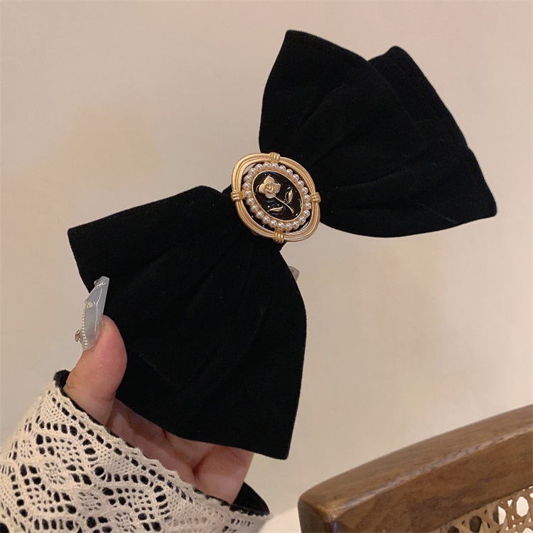 Kẹp Tóc Nơ Hoa Hồng Đen Vải Nhung Cao Cấp Phong Cách Pháp Cổ Điển