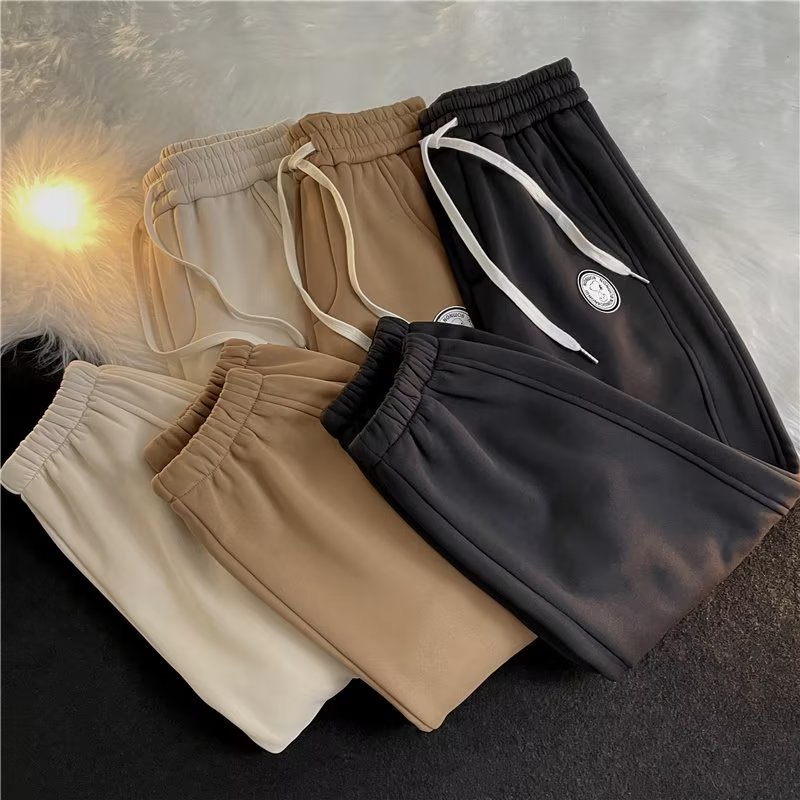 Quần Dài Thể Thao Vải Nhung Dày Màu Trơn Dáng Rộng Phong Cách hip hop Đường Phố Mỹ Hàng Mới