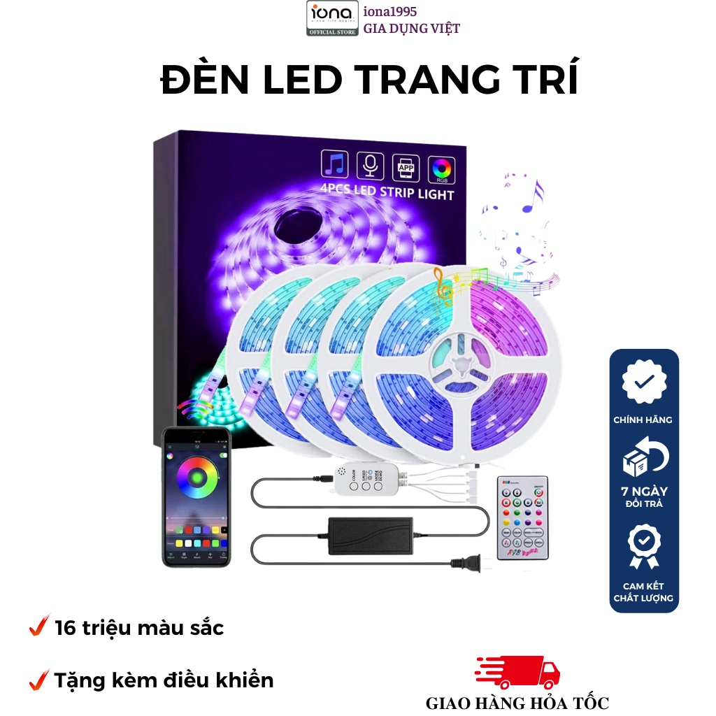 Bộ Dây Đèn Led Dài 5 Mét Trang Trí Đổi Nhiều Màu Có Điều Khiển Nguồn Cao Cấp, Bộ Đèn Trang Trí Phòng