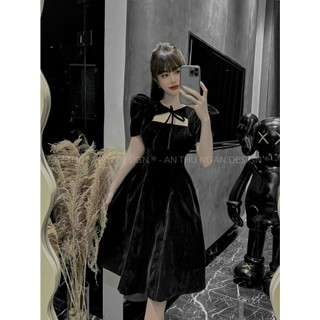 Váy đầm thời trang nữ mặc đi chơi có mút tay ngắn phồng, cổ cột dây tàu váy xòe xếp ly