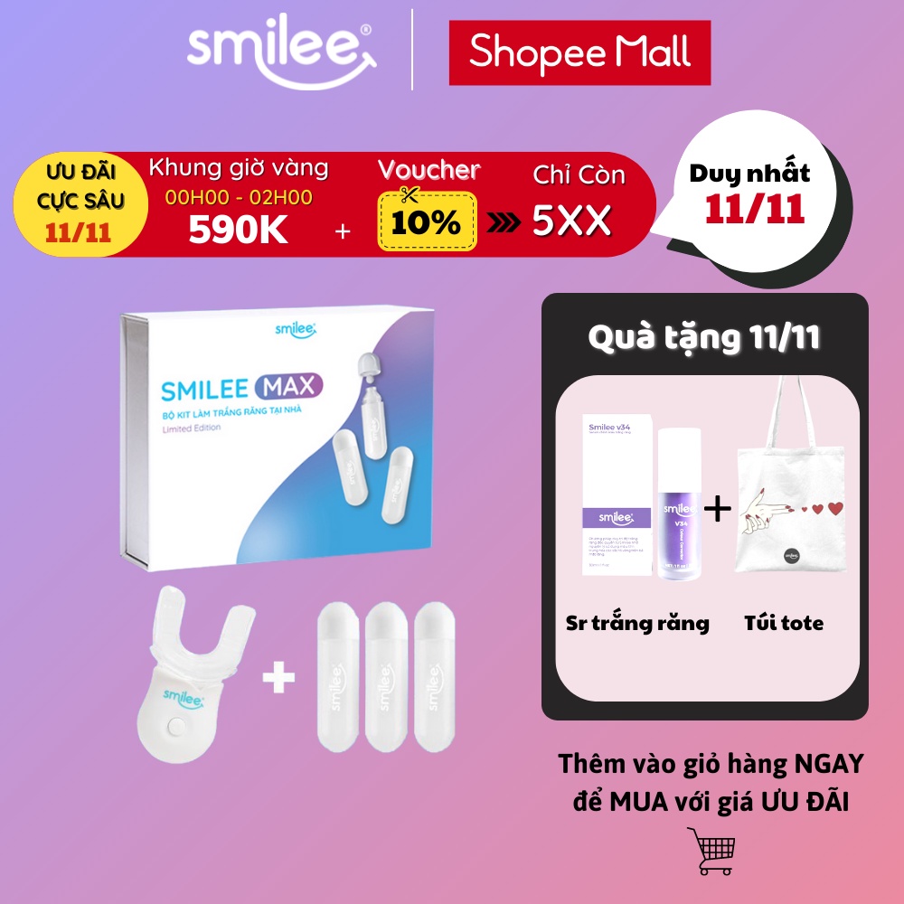 Trắng răng tại nhà Smilee Max, trắng từ 3 đến 6 tone sau 1 liệu trình, ngăn ngừa sâu răng, viêm nướu. Hàng chính hãng