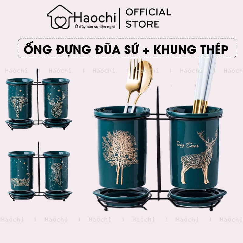 Bộ ống đựng đũa, thìa sứ xanh lục bảo kèm khung thép - hươu quý tộc phong cách Bắc Âu