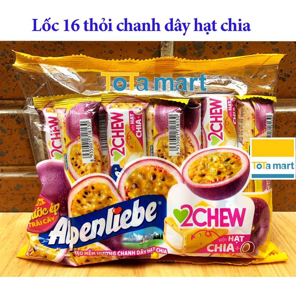 (hsd 01/2024)(Gói 16 thỏi) Kẹo chanh dây hạt chia 2Chew Alpenliebe.